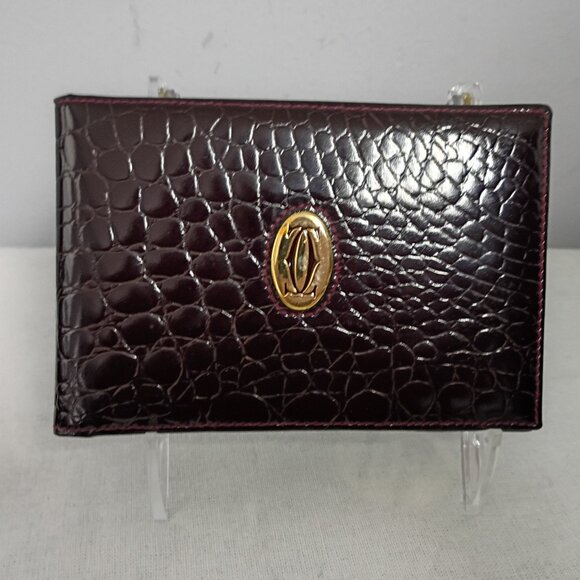 ❤️Authen CARTIER  Burgundy Patent Leather Croc Print ID Billfold Wallet 5.5 x3.5 - Picture 1 of 6